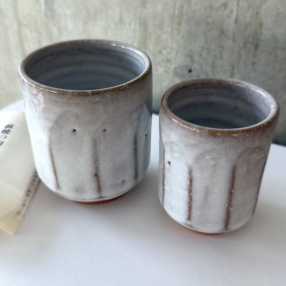 Hagi-Yaki Senshu Okada VII Faceted Yunomi Tea Cups Set Of 2 White Glazed Japan - Picture 6 of 10